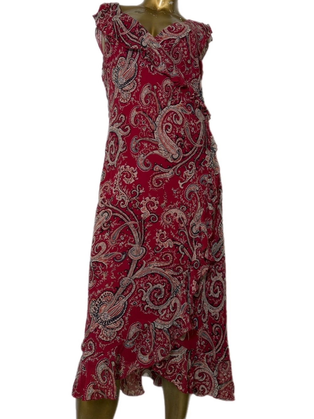 Y2K Vintage The Limited Silk Red Paisley Ruffle Sleeveless Midi Dress Size 14